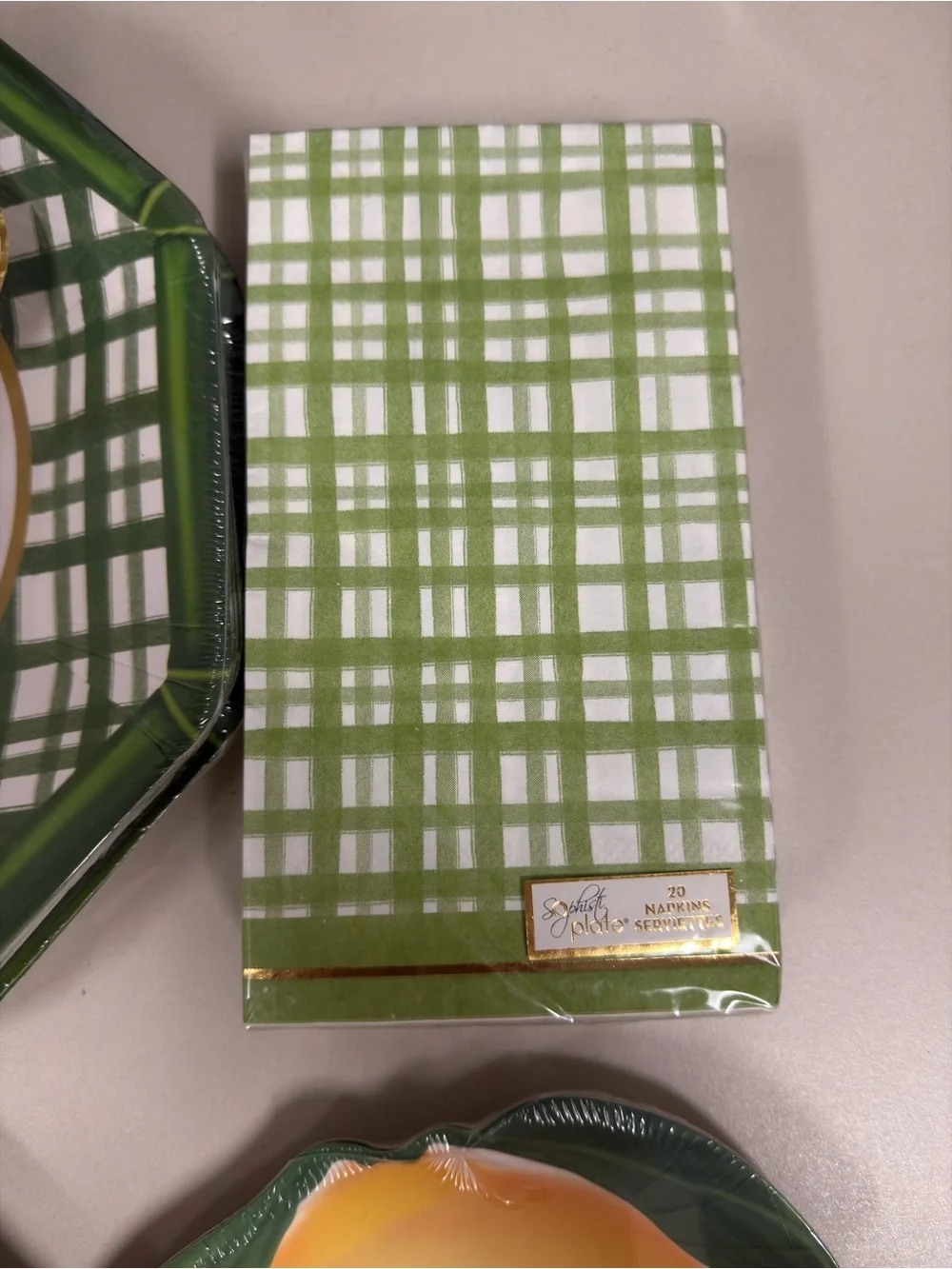 White Yellow Gold Green Lemon Plaid Coastal Summer Paper Plate Napkin Set